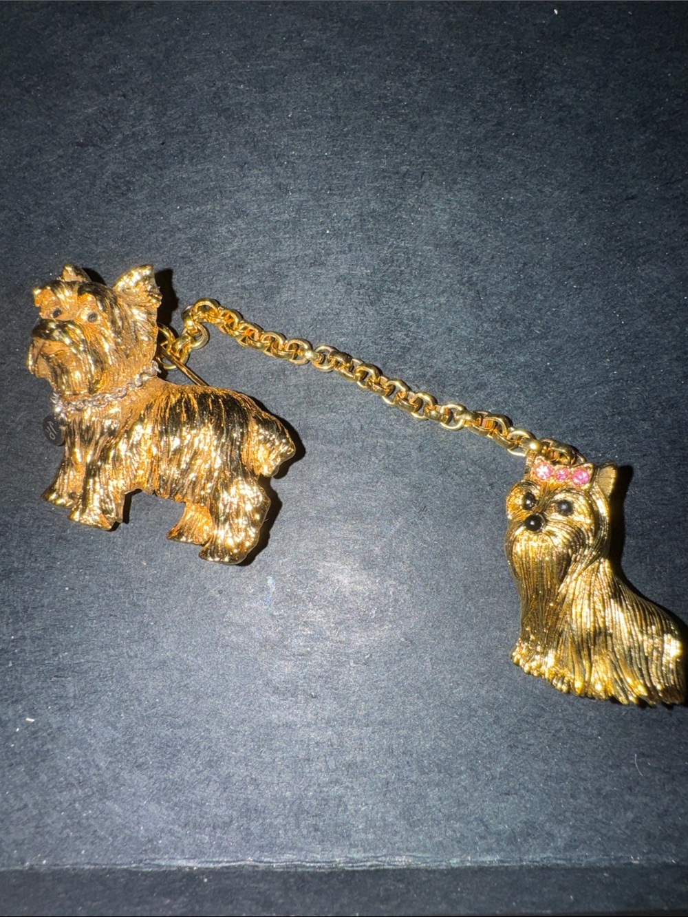Joan Rivers two Gold Yorkshire Terrier Dog Sweater Brooches detachable chain